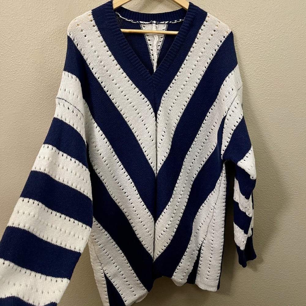Costal Navy‎ White Knit Sweater Striped Chevron Resort Wear Beach Sz 4X (2X/ 3X)